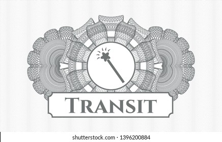 Grey passport style rosette with magic stick icon and Transit  text inside