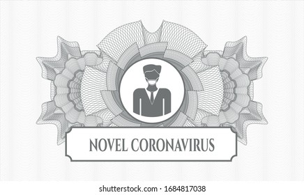 Grey passport style rosette with man wearing face mask icon and Novel Coronavirus text inside