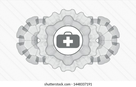 Grey passport style rosette with medical briefcase icon inside
