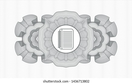 Grey passport style rosette with note book icon inside