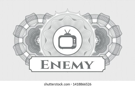 Grey passport style rosette with old tv, television icon and Enemy text inside