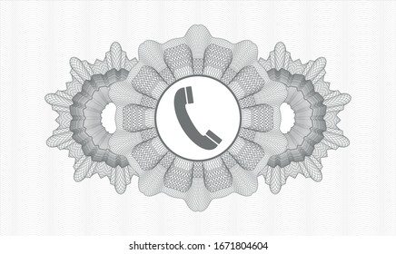 Rosette estilo pasaporte gris con un icono de teléfono antiguo dentro