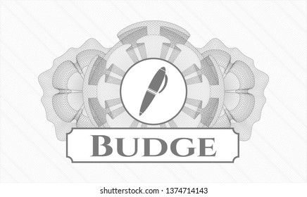 Grey passport style rosette with pen icon and Budge text inside