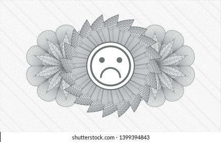 Grey passport style rosette with sad face icon inside