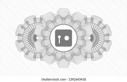 Grey passport style rosette with safe, safety deposit box icon inside