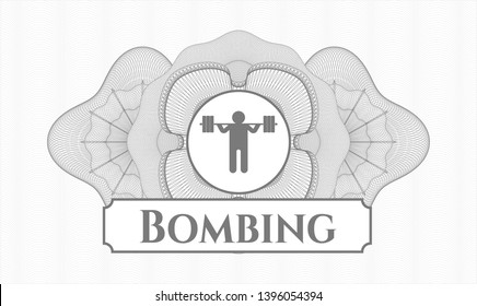 Grey passport style rosette with squat icon and Bombing text inside