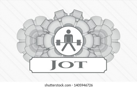 Grey passport style rosette with sumo deadlift icon and Jot text inside