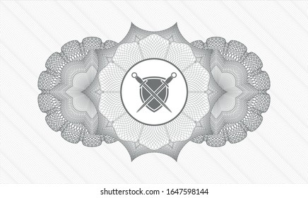 Grey passport style rosette with swords crossed with shield icon inside