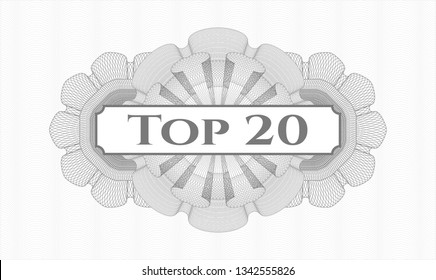 Grey passport style rosette with text Top 20 inside