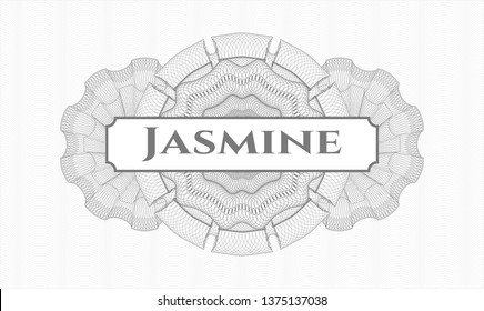 Grey passport style rosette with text Jasmine inside