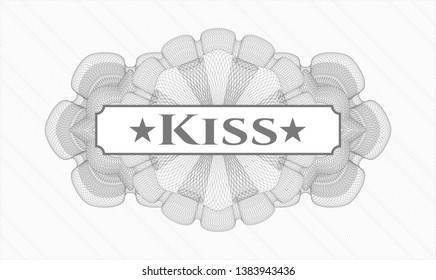 Grey passport style rosette with text Kiss inside