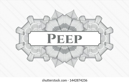 Grey passport style rosette with text Peep inside