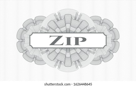 Grey passport style rosette with text Zip  inside