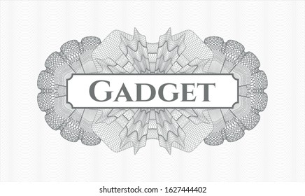 Grey passport style rosette with text Gadget inside