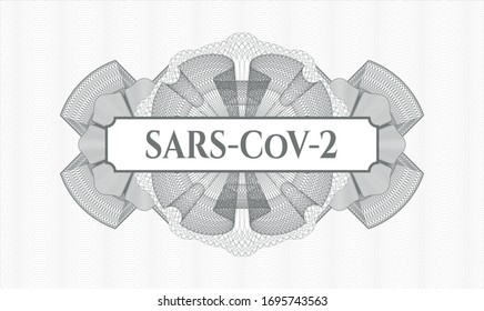 Grey passport style rosette with text SARS-CoV-2 inside