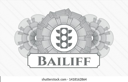 Grey passport style rosette with traffic light icon and Bailiff text inside