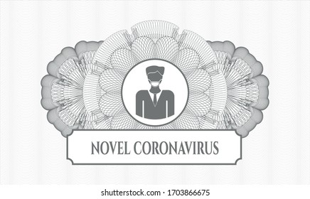 Grey passport style rosette. Vector Illustration. Detailed with man wearing face mask icon and Novel Coronavirus text inside
