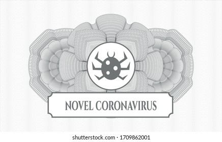 Grey passport style rosette. Vector Illustration. Detailed with bug icon and Novel Coronavirus text inside