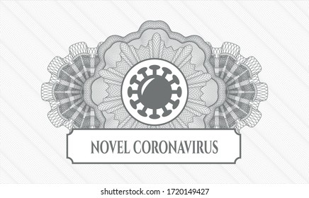 Grey passport style rosette. Vector Illustration. Detailed with coronavirus icon and Novel Coronavirus text inside