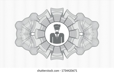 Grey passport style rosette. Vector Illustration. Detailed with man wearing face mask icon inside