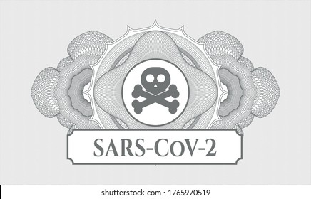 Rosette estilo pasaporte gris. Ilustración vectorial. Detallado con el icono cruzado y el texto SARS-CoV-2 dentro