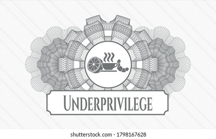 Grey passport style rosette. Vector Illustration. Detailed with breakfast  icon and Underprivilege text inside