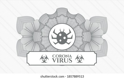 Grey passport style rosette. Vector Illustration. Detailed with bug icon and Coronavirus text inside