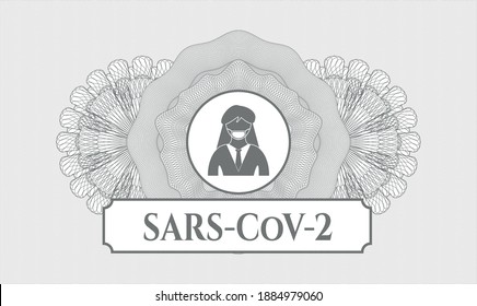 Grey passport style rosette. Vector Illustration. Detailed with woman wearing face mask icon and SARS-CoV-2 text inside