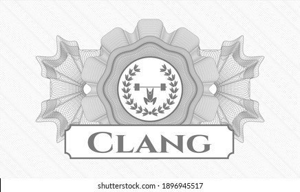 Grey passport style rosette. Vector Illustration. Detailed with weightlifting inside of crown icon and Clang text inside