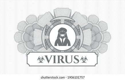 Grey passport style rosette. Vector Illustration. Detailed with woman wearing face mask icon and Virus text inside