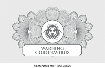 Graue Passrosette. Vektorgrafik. Detaillierte Angaben mit dem Biorisiko-Covid-19-Symbol und Warnhinweis-Coronavirus-Text
