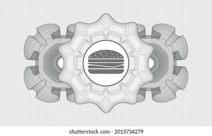Rosette estilo pasaporte gris. Ilustración vectorial. Detallado con el icono de cheeseburger dentro