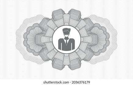 Grey passport style rosette. Vector Illustration. Detailed with man wearing face mask icon inside