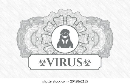 Rosette estilo pasaporte gris. Ilustración vectorial. Detallado con mujer con icono de máscara facial y texto de virus dentro