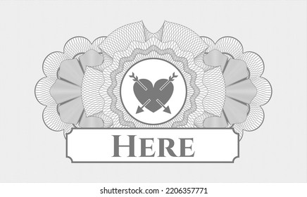 Grey passport style rosette. Vector Illustration. Detailed with heart with two arrows icon and Here text inside