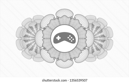 Grey passport style rosette with video game icon inside