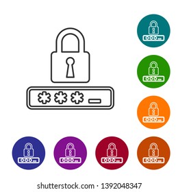 Grey Password protection and safety access line icon isolated on white background. Lock icon. Security, safety, protection, privacy concept. Set icon in color circle buttons. Vector Illustration