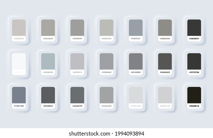 Grey pastel colour palette. Vector. Catalog samples grey in RGB HEX. Color Catalog. Neumorphic UI UX white user interface web button. Neumorphism. Vector EPS 10.