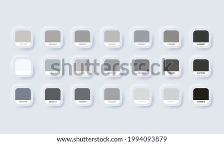 Grey pastel colour palette. Vector. Catalog samples grey in RGB HEX. Color Catalog. Neumorphic UI UX white user interface web button. Neumorphism. Vector EPS 10.