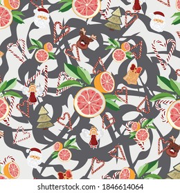 Grey pattern background illustration with grapefruit and holiday toys