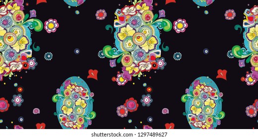 Grey pattern with blue bellflower, green leaves and ornamental circles. Folk art embroidery style. Surface pattern design.