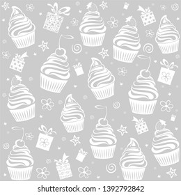  Grey pattern with cupcakes. Vector illustration 