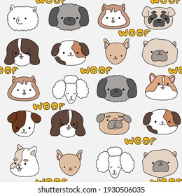 Grey pattern with cute, funny happy dogs. Prints, baby text woof and pets texture for children.