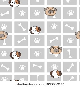 Grey pattern with cute, funny happy dogs. Paw prints, baby and pets texture in a cage for children.