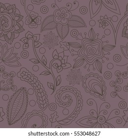 Grey pattern on dark violet background, seamless floral pattern, vector. Seamless pattern with flowers and indian elements. Endless floral pattern, hand-drawn. Perfect for wallpapers, textile print 