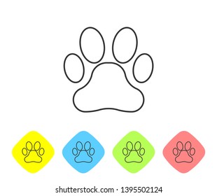 Grey Paw print line icon isolated on white background. Dog or cat paw print. Animal track. Set icon in color rhombus buttons. Vector Illustration