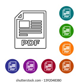 Grey PDF file document icon. Download pdf button line icon isolated on white background. PDF file symbol. Set icon in color circle buttons. Vector Illustration