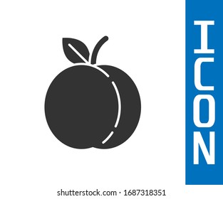 Grey Peach fruit or nectarine with leaf icon isolated on white background.  Vector Illustration