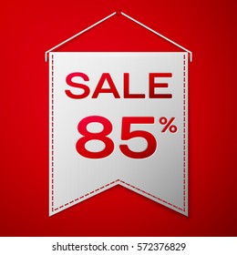 Grey pennant with inscription sale eighty five percent Discounts over a red background. Sale concept for shops store market, web and other commerce. Vector illustration.