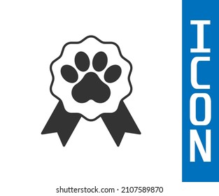 Grey Pet award symbol icon isolated on white background. Badge with dog or cat paw print and ribbons. Medal for animal.  Vector